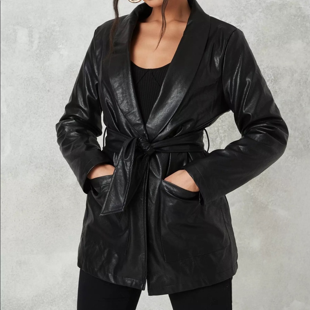 Black faux leather belted jacket